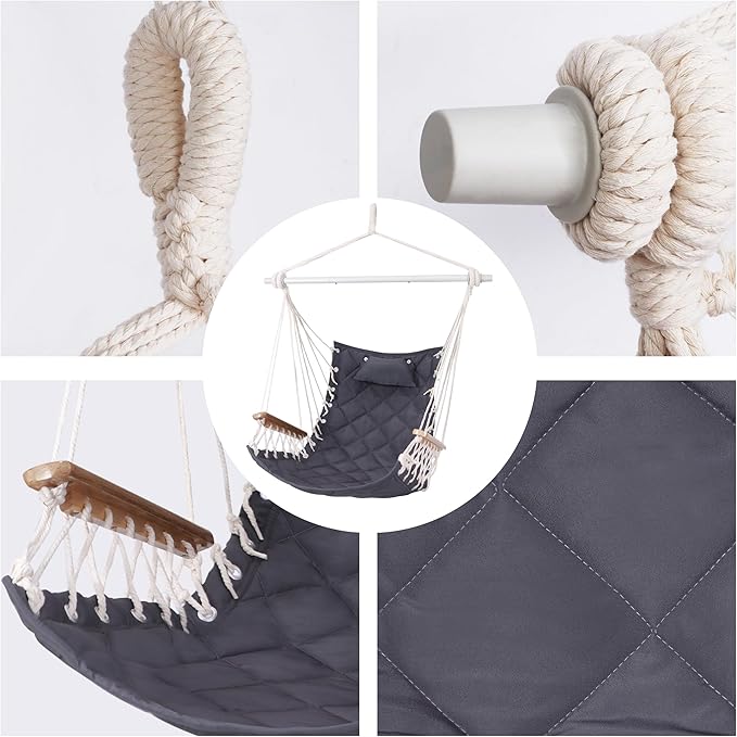 Hammock Chair Hanging Swing with Wooden Armrests;Steel Spreader Bar,Pillows,Hardware kit Included;Cotton Woven Fabric;Up to 350 Lbs,for Indoor or Outdoor