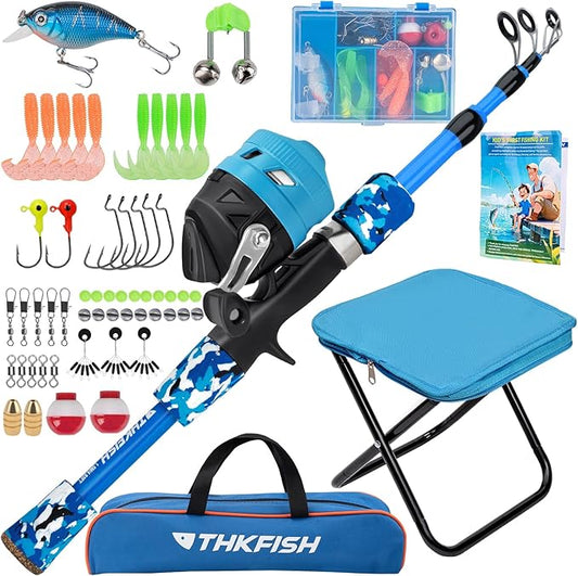 Kids Fishing Pole Set, Telescopic Fishing Rod Reel Combo Kids Starter Kit with Lures Tackle Box, Foldable Stool and Portable Bag for Boys Girls Younth