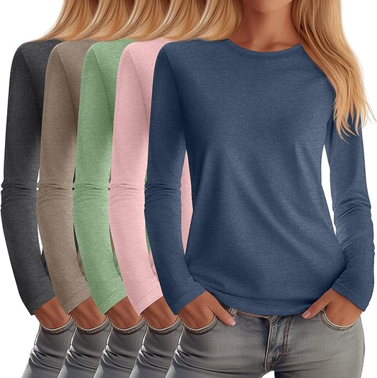 Huukeay 5 Pack Women's Crew Neck Long Sleeve Shirts, Cotton Blend Casual Clothes Workout Basic Layering Tee Tops Multipack