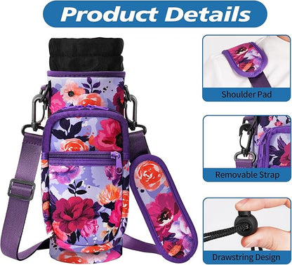 32 40 oz Water Bottle Carrier with Strap, Neoprene Water Bottle Sleeve Bag with 2 Pockets Insulated Flask Sling Holder for Walking Hiking Gym
