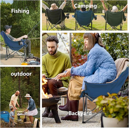 Oversized XL Padded Camping Chair Wide Heavy Duty Lawn Chairs Support 450 LBS Portable Folding Gaint Plus Camp Chair with Side Pocket Cup Holder for Outdoor Outside Sports Baseball-Green