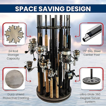 Rush Creek Creations Fishing Rod Holder - 360 Spinning Rack for Garage Organization and Storage, Pole Holder for Reels, Gear, Accessories, Tackle Box