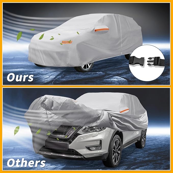Universal Car Cover Waterproof All Weather 190T-PU, UV Sun Rain Protection, Fits for SUV Length 182"-190", with Left Side Zipper, Silver Tone