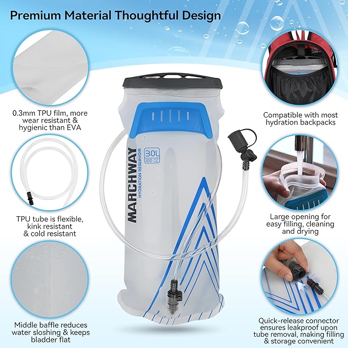 MARCHWAY Lightweight TPU Hydration Bladder 2L/3L for Hydration Packs, Slide-Seal Wide Mouth Water Reservoir Bag with Carry Handle for Hiking, Cycling, Running, Camping, Travel