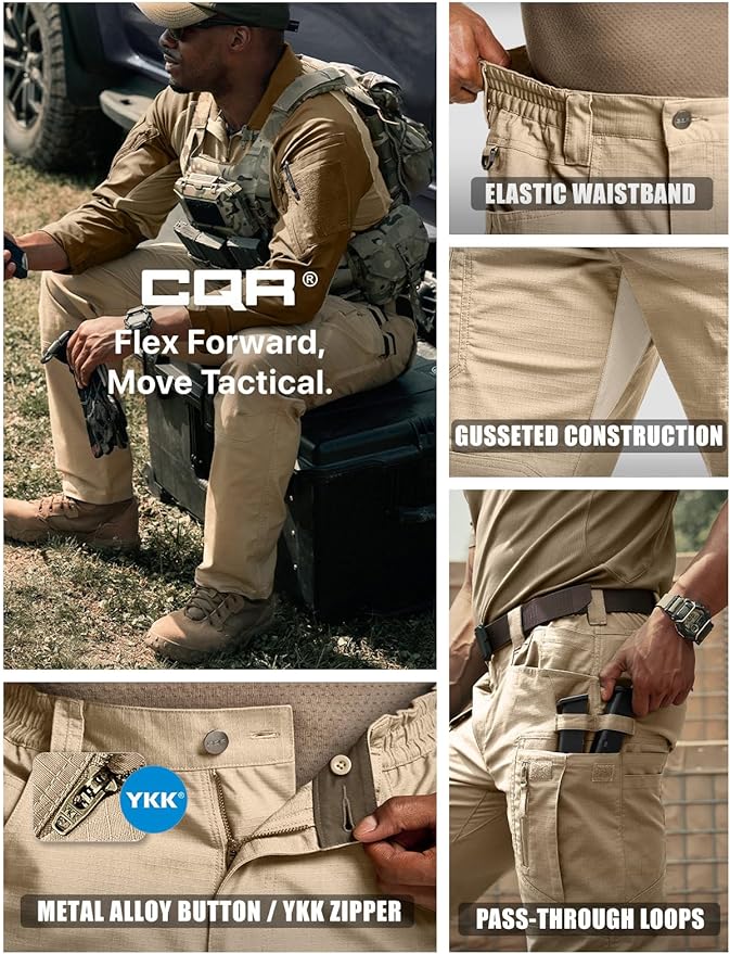 CQR Men's Flex Stretch Tactical Pants, Water Resistant Ripstop Cargo Pants, Lightweight EDC Outdoor Work Hiking Pants