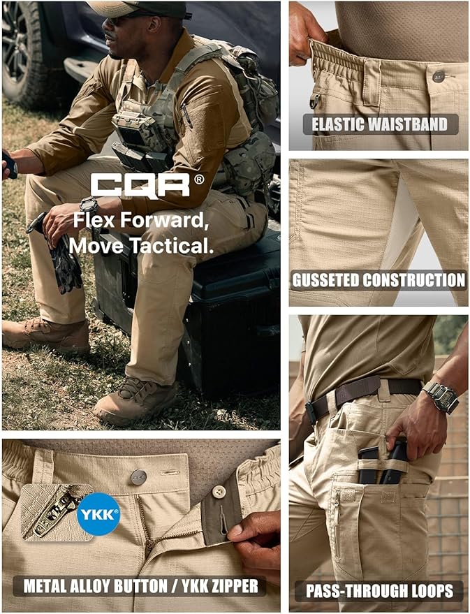 CQR Men's Flex Stretch Tactical Pants, Water Resistant Ripstop Cargo Pants, Lightweight EDC Outdoor Work Hiking Pants