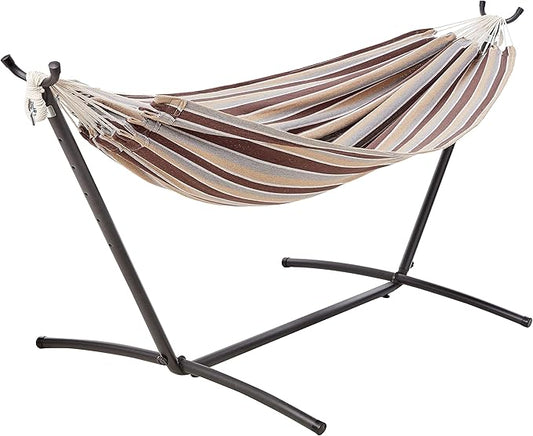 Amazon Basics Double Hammock with 9-Foot Space Saving Steel Stand and Carrying Case, 450 lb Capacity, Cream Wave, 110x47x43 inches