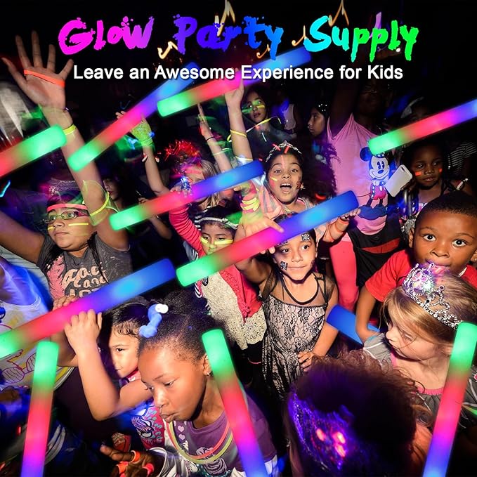 64 Pack Foam Glow Sticks, Bulk LED Foam Sticks, Foam Light Up Sticks with 3 Mode Colorful Flashing, Glow Party Supplies, Glow Sticks Bulk Party Pack for Wedding, Birthday, Concert, Halloween