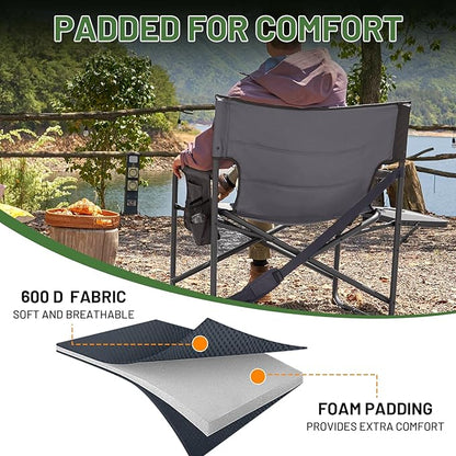 TIMBER RIDGE XXL Foldable Directors Chair with Side Table, Extra Wide Camping Chairs for Adults Heavy Duty Supports 500 lbs, Oversized Folding Lawn Chair for Picnic Beach Sports Fishing, Grey-2 Pack