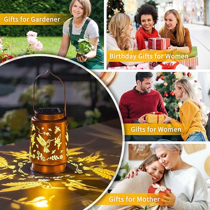 2 Pack Hummingbird Solar Lanterns Outdoor Waterproof Hanging Solar Lights Hummingbird Gifts for Women Men Mom Metal Decorative LED Lanterns Outside for Yard,Patio,Lawn,Tabletop,Pathway,Garden Decor