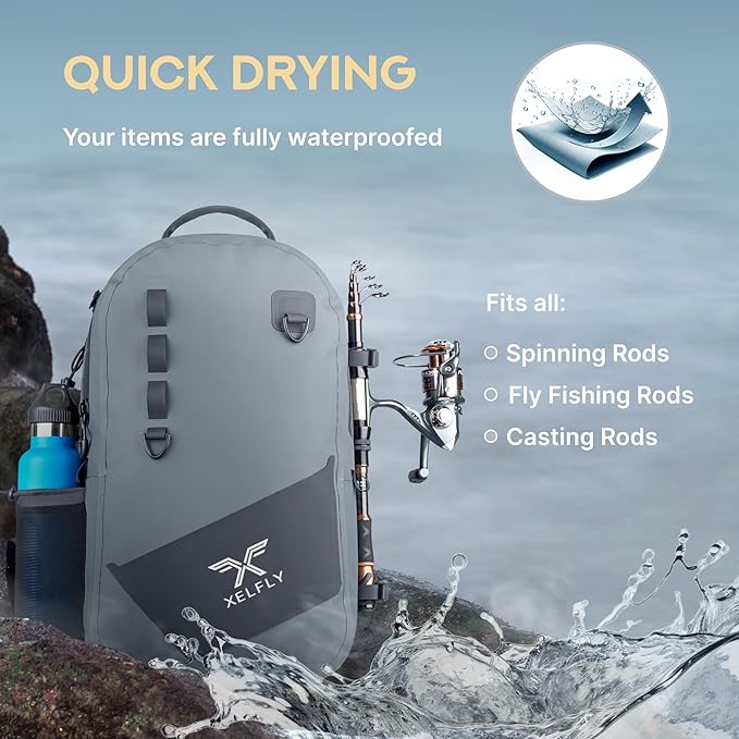 Waterproof Fishing Backpack with Rod Holder, Inflatable Air Valve, Gear Loops, Submersible Zipper