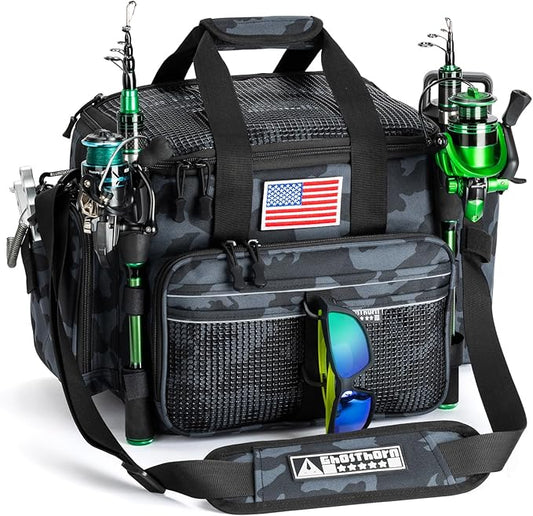 Ghosthorn Fishing Tackle Bag with Rod Holder Saltwater & Freshwater Resistant Large Tackle Box Bag - Adjustable Padded Shoulder Strap (Black Camouflage)