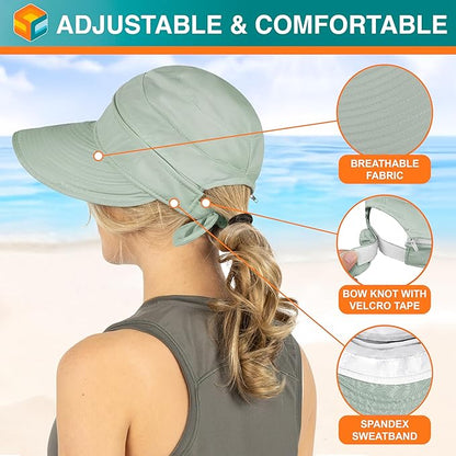 SUN CUBE Women Sun Hat for Outdoor UV Protection, Wide Brim Sun Hat Ponytail, Convertible Zip-Off Beach Hat Visor