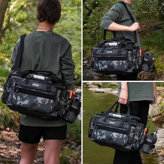 Goture Fishing Tackle Bag, Store Up to 4PCS 3700 Plus 2PCS 3600 Tackle Trays(Not Included), 600D Soft Side Gear Storage Fishing Bag with Rod Straps,Detachable Water Bottle Pouch,Waterproof Bottom