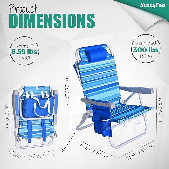 SUNNYFEEL Beach Chairs for Adults 2 Pack 5 Position Lay Flat, Portable Folding Backpack Beach Chair Heavy Duty with Cooler Bag, Cup Holder for Outdoor/Lawn/Picnic, Foldable Camping Chair