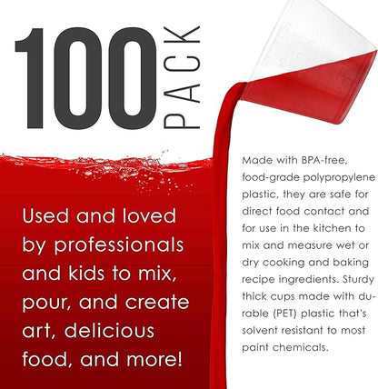 Pouring Masters 2 Oz (60 ml) Liquid Measuring Cups - Plastic Graduated Cup (100 Pack) with 25 Sticks - Reusable Mixing Cups for Paint, Craft, Kitchen, Lab, Medical Supplies, Epoxy Resin, Art