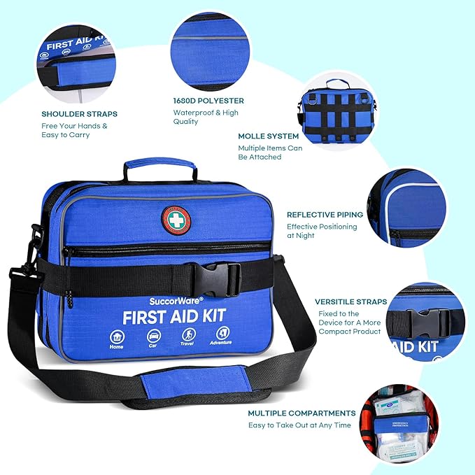 Professional 435 Pieces Large First Aid Kit - Includes Compressed Gauze - Compartments Emergency Medical Kit for Home, Camping, Backpacking, Travel, Boat, Car,Outdoors (Blue)