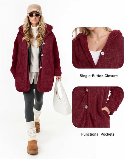 MANGOPOP Womens Fleece Jacket 2025 Winter Oversized Fuzzy Hooded Coat Button Cardigan Sherpa Sweaters Outerwear with Pockets