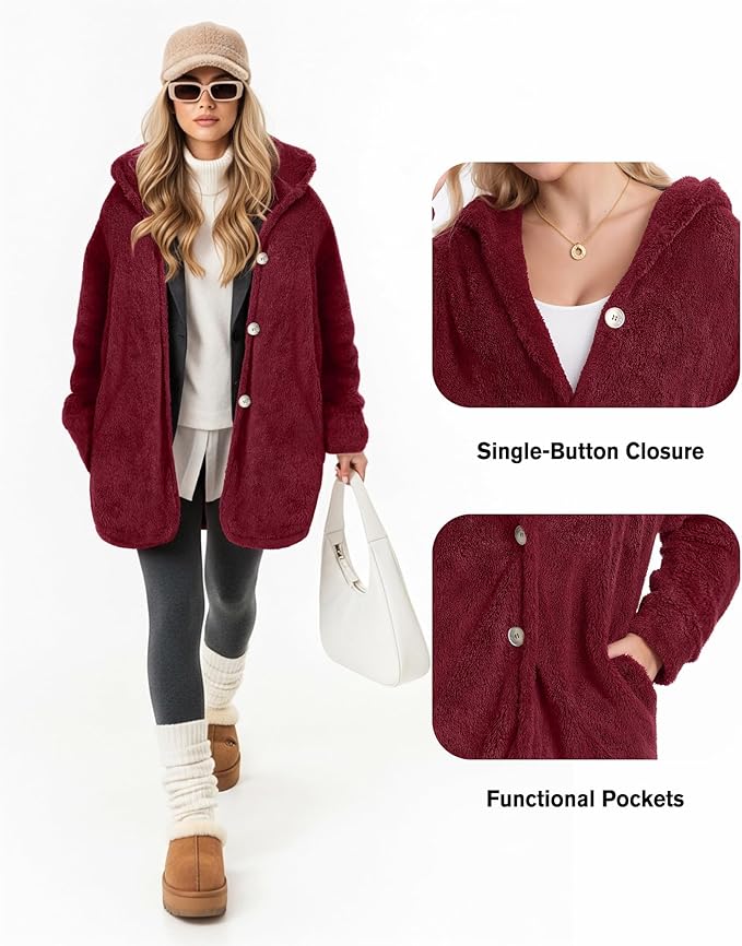MANGOPOP Womens Fleece Jacket 2025 Winter Oversized Fuzzy Hooded Coat Button Cardigan Sherpa Sweaters Outerwear with Pockets