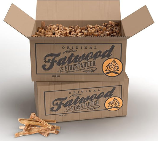 Fatwood Fire Starter Sticks 25-lb Box 2-Pack - Indoor or Outdoor All Natural Pine Fire Starters for Campfires, Fireplace, Firepit, Wood Stove, or BBQ Grill - Kindling Wood Firewood by Pure Garden