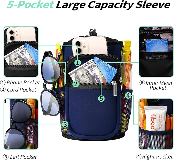 32/40/64/87/128 oz Water Bottle Carrier Bag, Neoprene Water Bottle Sleeve with 4 Pocket, Sport Water Holder with Paracord Handle and Shoulder Strap for Walking Hiking Camping Gym