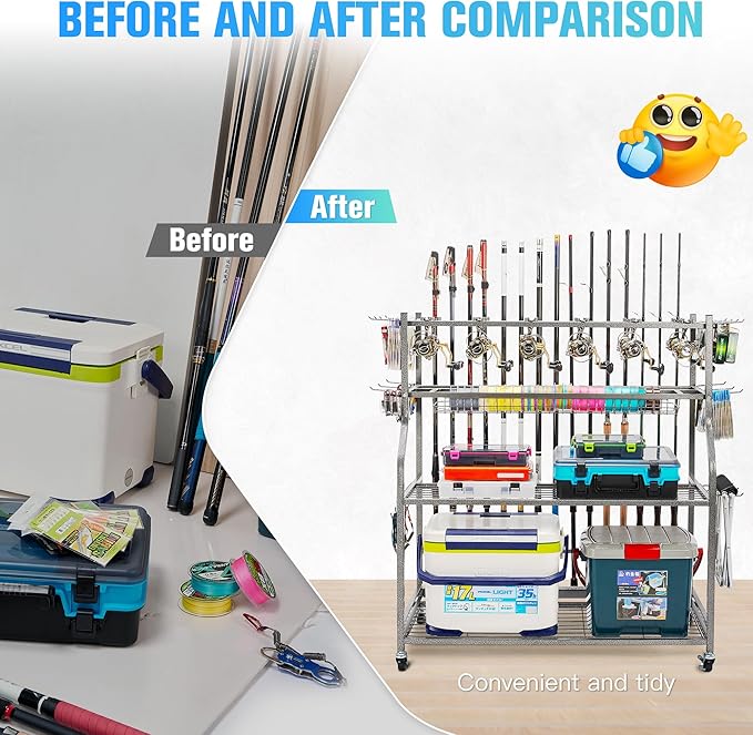 PeBro Fishing Pole Holders, Fishing Rod Holders for Garage, Fishing Rod Holder for Fishing Rod Tackle Box Reel Storage, All-In-One Fishing Rod Rack with Hooks and Wheels