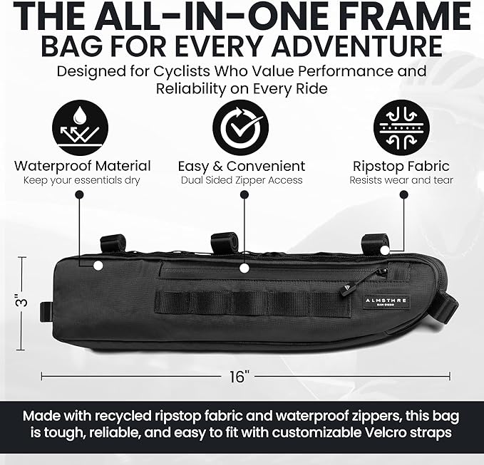 ALMSTHRE Signature Bike Frame Bag - Midnight Black, Small/Medium Sizing | Durable Recycled Ripstop Material, Waterproof Zippers & Customizable Design for Essentials