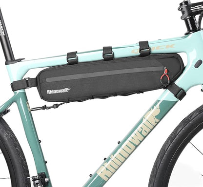 Rhinowalk Bike Frame Bag Waterproof, Top Tube Bicycle Bag with Side Compartments, Pump Holder, and Hidden Cable Port, (2.1L, Black)