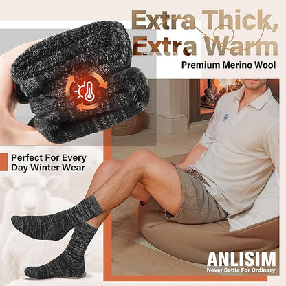 Anlisim Merino Wool Warm Boot Hiking Socks Thermal Extra Thick Winter Cozy Crew Comfy Cushioning Work Women Men Socks 4 Pairs