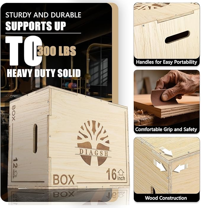 Plyo Box - 3-in-1 Wood Plyometric Jump Platform (16"x12"x8") for Home Gym Training - Ideal for Jumps, Squats & Conditioning-1 Piece