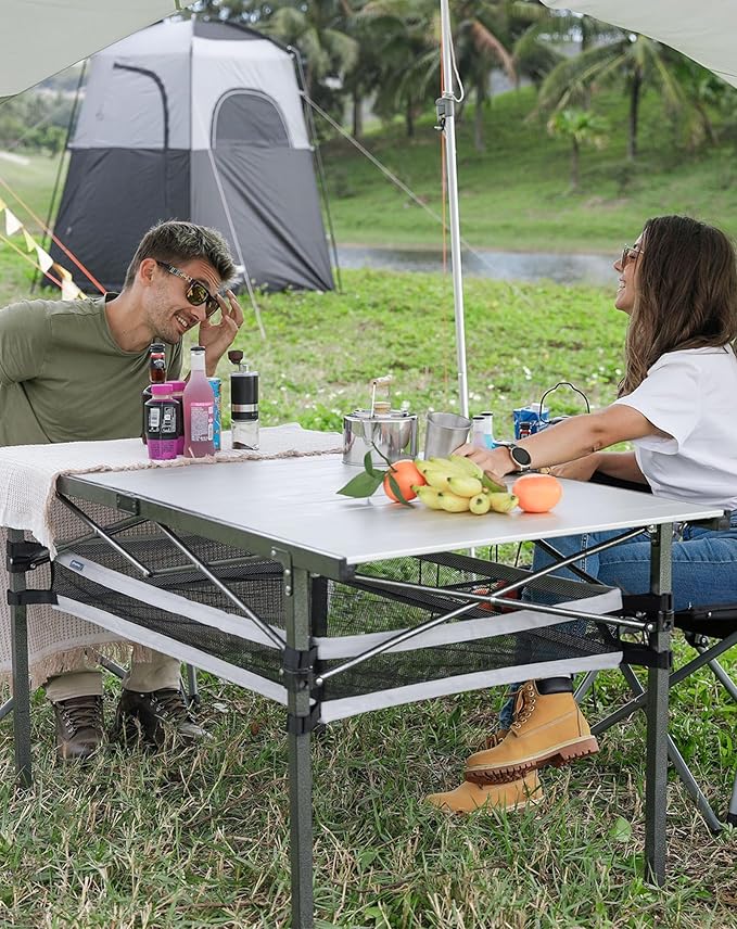 KingCamp Folding Camping Table, Aluminum Roll-Up Camp Table, Large Foldable Table for 6-8 Person, Outdoor Portable Tables with Carry Bag, 120 LBS Heavy Duty Load (Silver+Mesh：53.5"x27.5")