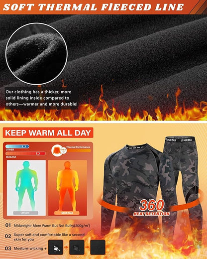 Muezna Men's Thermal Top and Bottom Set Underwear Long Johns Base Layer with Soft Fleece Lined