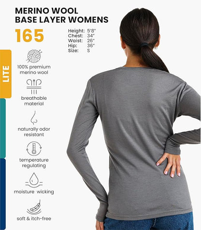 Merino.tech Merino Wool Base Layer Women - 100% Merino Wool Heavyweight, Midweight, Lite Long Sleeve Thermal Shirt and Socks