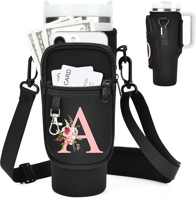 Initial Water Bottle Holder with Strap for Stanley 40 oz Tumbler/Simple Modern 40 oz Tumbler,Water Bottle Carrier Bag with Strap,Personalized A-Z Phone Pocket for Stanley Cup Accessories