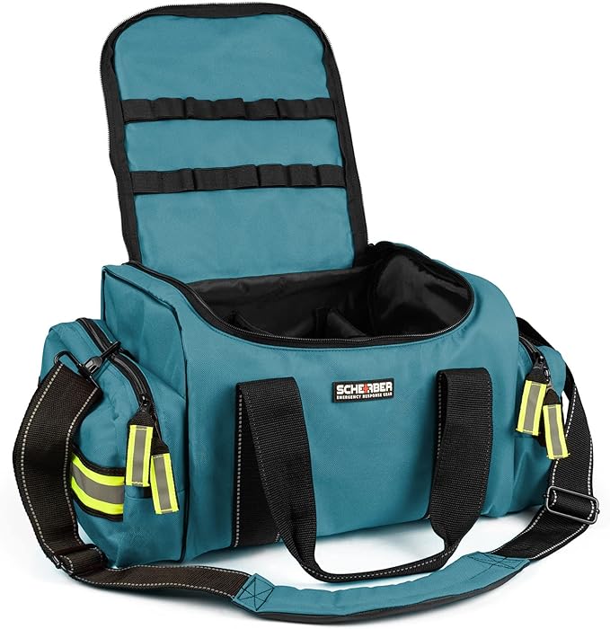 Scherber First Responder Fully-Stocked Large Professional Essentials EMT/EMS Trauma Kit | HSA/FSA Approved | Reflective Bag w/8 Zippered Pockets & Compartments & 250 First Aid Supplies (Blue)