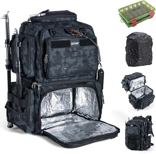 Goture Fishing Backpack with 2 Tackle Boxes, 53L 600D Water-Resistant Tackle Backpack with Cooler,Rod Holders, 8 Lure Pockets, Rain Cover, Large Fishing Bag Storage Gear Tackle Bag for Camping Hiking