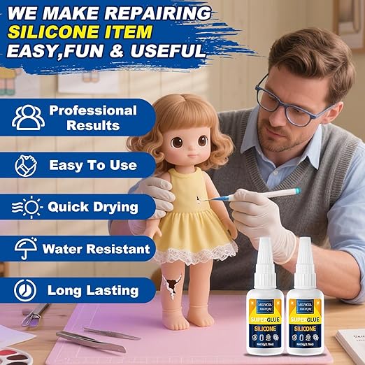 Silicone Glue 100g - Fast-Bonding & Waterproof Silicone Adhesive for Silicon Rubber, Model, Toys, TPU, TPR, TPE - Clear Liquid Silicone Adhesive for Crafts, 6 Applicator Nozzles