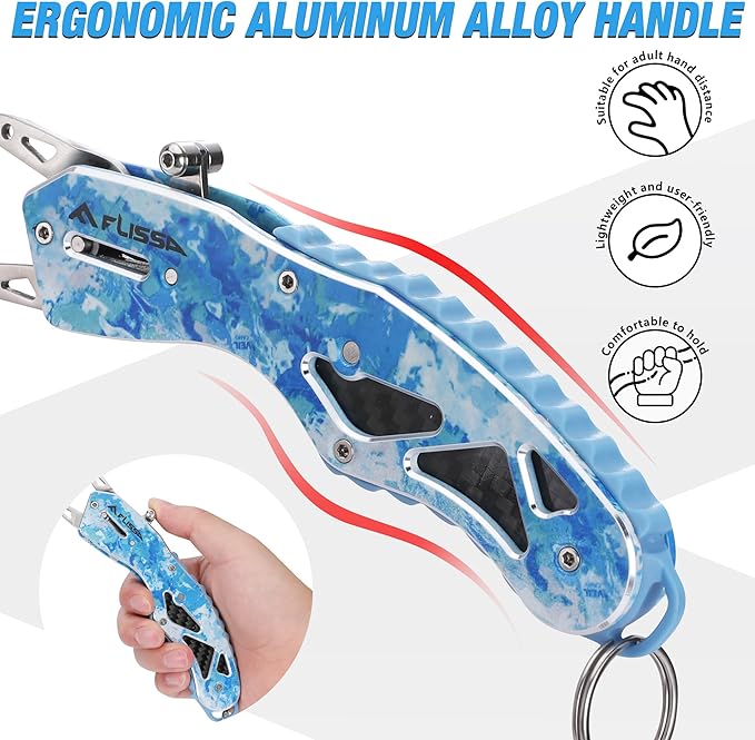 FLISSA Fish Gripper, Fish Lip Grip Tool with Carabiner and Spring Anti-Lost Rope, Durable Stainless Steel Fish Grabber Gripper, Lightweight Holder for Fishing, Corrosion Resistant & Portable