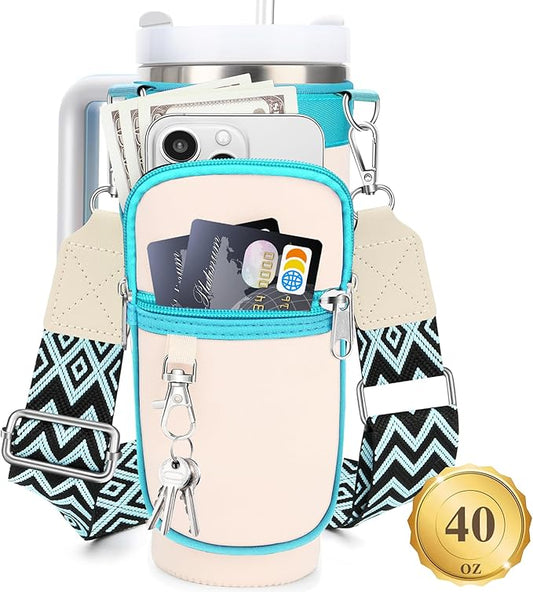 Water Bottle Carrier Bag with Strap for Stanley 40/30 oz Tumbler with Handle, Water Bottle Holder Pouch with Phone Pocket for Stanley Cup Accessories, fit Walking Hiking Travel