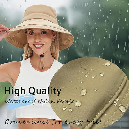 Sun Hats for Women Men UV Protection Wide Brim Bucket Hat with Ponytail Hole Waterproof Gardening Fold-Up Summer Cap