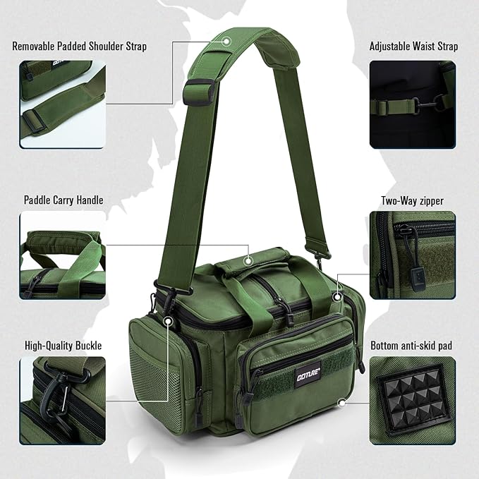 Goture Fishing Tackle Bag, Soft Side 600D Water-Resistant Cross Body Sling Fishing Bag, Small Saltwater Gear Storage Tactical Bags Store Up to 3 3600 Tackle Boxes(Not Included),14.96"x9.06"x7.48"