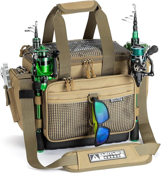Ghosthorn Fishing Tackle Bag with Rod Holder Saltwater & Freshwater Resistant Tackle Box Bag - Waterproof Base, Adjustable Padded Shoulder Strap (Khaki)