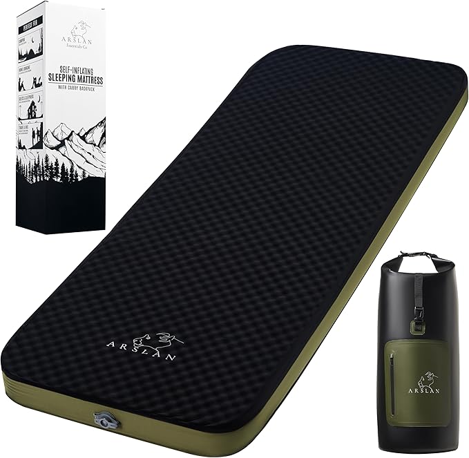 4″ Self-Inflating Sleeping Pad with Memory Foam – Thick Camping Mattress for Adults, Portable Bed with Waterproof Bag, Heavy-Duty 1,540 lb Support – Arslan Essentials
