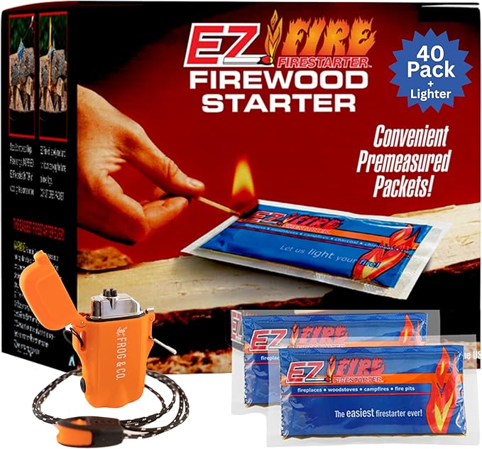 – 40 Pack All-Natural Fire Starters for Campfires, Fire Pits, BBQs & Fireplaces – Long Burning, Weather-Resistant, Non-Toxic + Survival Frog Rechargeable Lighter Kit