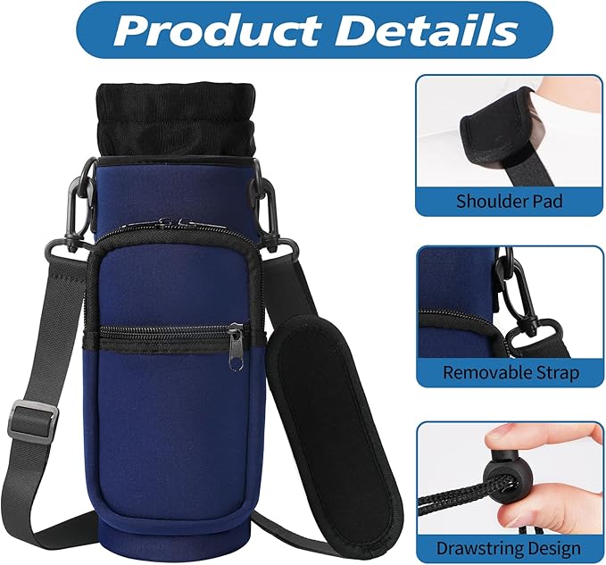 32 40 oz Water Bottle Carrier with Strap, Neoprene Water Bottle Sleeve Bag with 2 Pockets Insulated Flask Sling Holder for Walking Hiking Gym