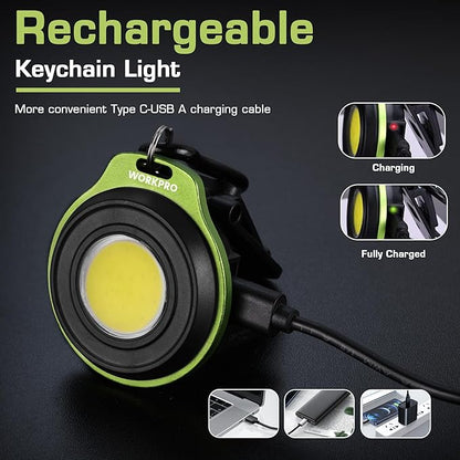 WORKPRO Mini Keychain Work Light, COB Keychain Flashlight with Hat Clip, Rechargeable Magnetic EDC Carabiner Flashlight, 3 Light Modes Emergency Light for Camping, Biking and Car Repairing, Green