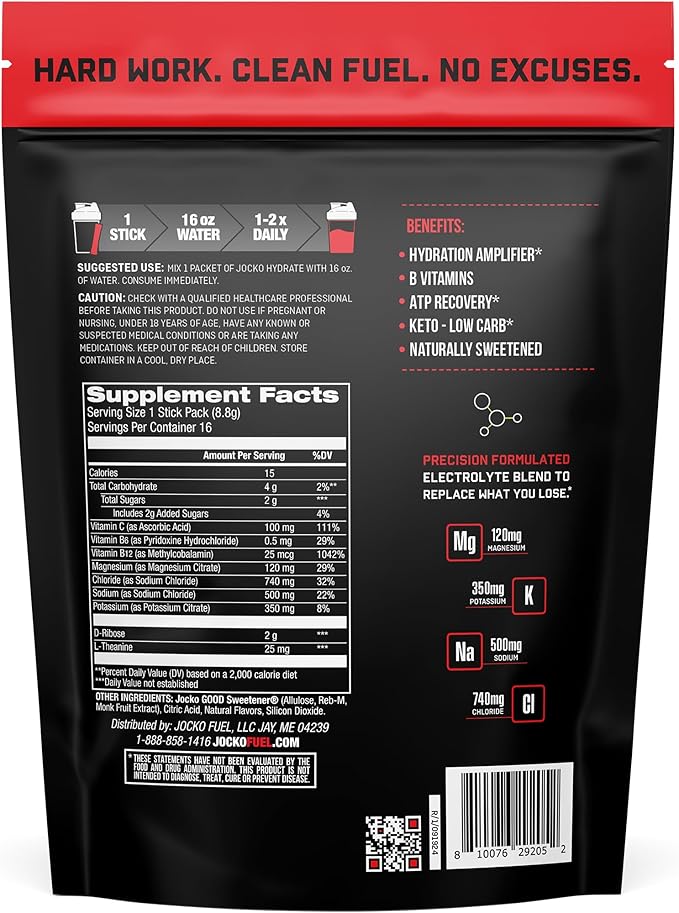 Jocko Fuel Hydrate Electrolytes Powder Packets Low Sugar - Hydration Amplifier Packets for Recovery, Dehydration, & Exercise - with Vitamins B6, B12 & C (16 Packets) Fruit Punch