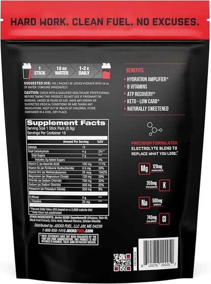 Jocko Fuel Hydrate Electrolytes Powder Packets Low Sugar - Hydration Amplifier Packets for Recovery, Dehydration, & Exercise - with Vitamins B6, B12 & C (16 Packets) Fruit Punch