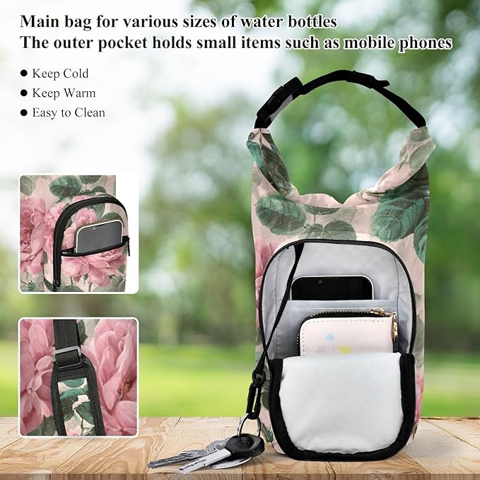 Pink Vintage Roses with Leaves Water Bottle Holder with Strap Insulated Water Bottle Carrier Crossbody Bags Pouch with Phone Pocket for Travel Gym Hiking Walking Running