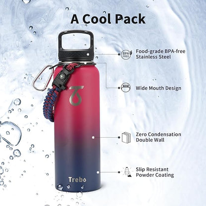 Trebo 40oz Water Bottle with 3 Lid and handle, Vacuum Insulated Stainless Steel Metal Outdoor Leakproof BPA-Free Flask, Keep Cold 48 Hours Water Jug, Best Gift for Men Women Holiday, Ruby Red